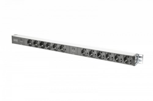 Digitus Listwa zasilająca PDU 19 cali RACK, 12x gniazdo Schuko, 2x 2m wtyk Unischuko, 16A, zabezpieczenie przeciążeniowe, profil aluminiowy