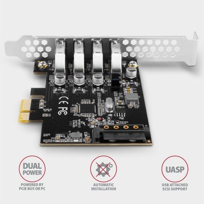 AXAGON Kontroler PCEU-43RS PCIe 4x port USB 3.2 GEN 1, UASP VIA, 15-pin SATA zasilacz