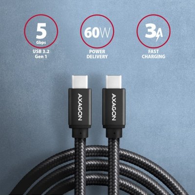 AXAGON Kabel BUCM3-CM15AB USB-C  USB-C, 1.5m, PD 60W, 3A, ALU, oplot Czarny