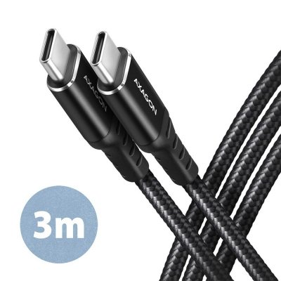 AXAGON Kabel BUCM-CM30AB USB-C USB-C 2.0, 3m, PD 60W, 3A, ALU, oplot, Czarny