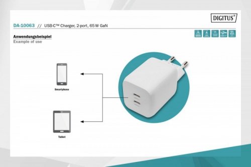Digitus Ładowarka sieciowa, zasilacz GaN 2x USB-C PD 3.0 max. 65W, Biała