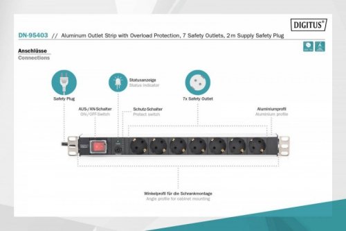 Digitus Listwa zasilająca PDU 19 cali Rack, 7x gniazdo schuko, 2.0m, 1x wtyk unischuko, 16A, wł./wył., zabezpieczenie przeciążeniowe, profil aluminiowy
