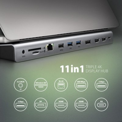 AXAGON HMC-4KX3 Wieloportowy hub USB 5Gbps, 3x USB-A, 2x HDMI + DP + GLAN +  SD/microSD + audio, PD 100W