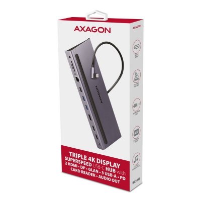 AXAGON HMC-4KX3 Wieloportowy hub USB 5Gbps, 3x USB-A, 2x HDMI + DP + GLAN +  SD/microSD + audio, PD 100W