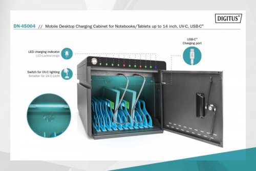Digitus Szafa mobilna desktopowa do ładowania notebooków/tabletów do 14 cale z UV-C i USB-C