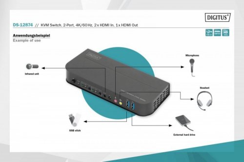 Digitus Przełącznik KVM 2 portowy, 2x HDMI IN, 1x HDMI OUT, 2x USB A, 1x Audio, 4K x 2K 60Hz, IN&OUT