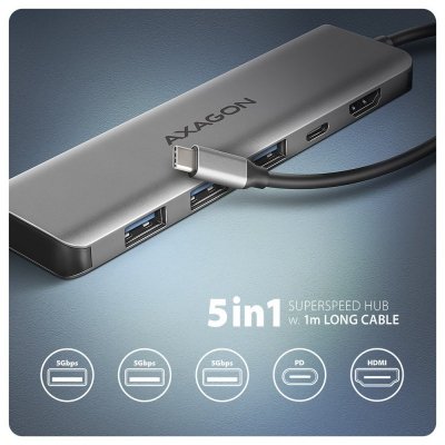 AXAGON Hub HMC-5H USB-C 3.2 Gen 1 hub, 3x USB-A, 4K HDMI, PD 100W, 100cm USB-C kabel