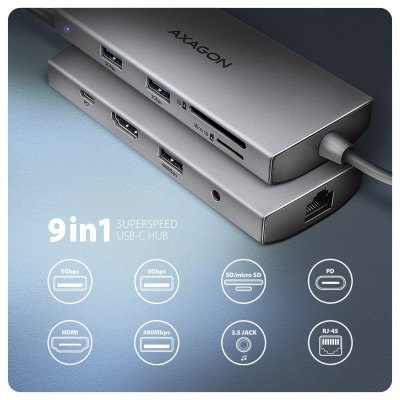 AXAGON Hub HMC-8HLSA USB-C 3.2 Gen 1 hub, 3x USB-A + 4K/30Hz HDMI + SD/mic roSD, GLAN, Audio, PD 100W, 20cm USB-C kabel