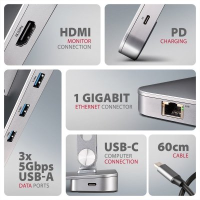 AXAGON HMC-STND Stojak z wieloportowy hub Aluminiowy 7in1, 5Gbps, do 10 cali-16 cali cali laptopów, nastawny, 3x USB-A, HDMI 4K/60Hz, GLAN, PD 100W, 60cm USB-C kabel