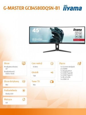 IIYAMA Monitor 45 cali G-Master GCB4580DQSN-B1, VA,DQHD,165HZ,USB-C-DOCK,RJ45,32:9,  1500R,450cd/m2,3000:1,0.8ms,3xUSB,2xHDMI,1xDP,2x3W,PowerDelivery-90W