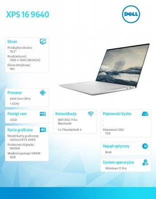 Notebook Dell XPS 16 9640/Ultra 7 155H/32GB/1TB SSD/16.3 FHD