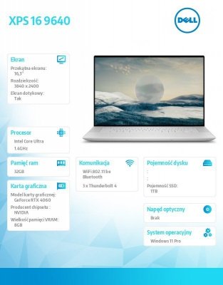 Notebook Dell XPS 16 9640/Ultra 7 155H/32GB/1TB SSD/16.3 UHD