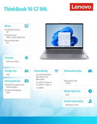 Lenovo Notebook ThinkBook 16 G7 21MS007XPB W11Pro Ultra 5 125U/8GB/512GB/INT/16.0 WUXGA