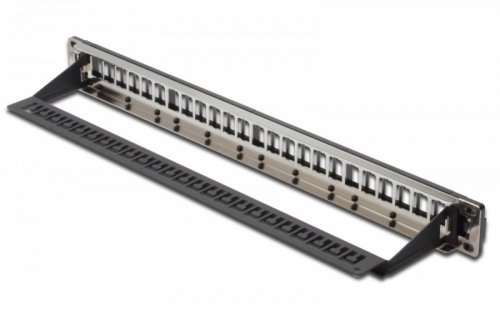 Digitus Panel krosowy (patch panel) modularny 19&quot; 24 porty pod moduły keystone, 1U, ekranowany, prowadnica kabli, wymienne pola opisowe Czarny