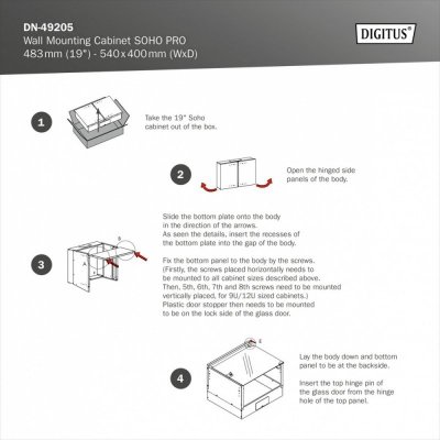 Digitus Szafa sieciowa wisząca 19 cali 9U, SOHO PRO 460 x 540 x 400 mm, nośność 60kg, drzwi szyba, niezłożona, Czarna