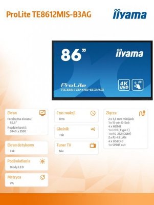 Monitor interaktywny 86 cali IIYAMA  ProLite TE8612MIS-B3AG