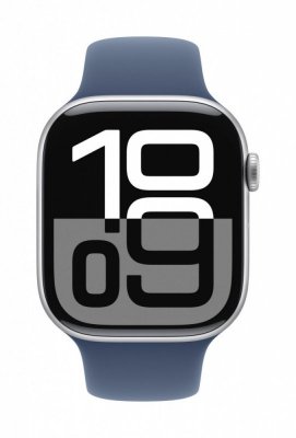 Apple Watch Series 10 GPS, koperta 46 mm z aluminium w kolorze srebrnym z paskiem sportowym w kolorze denim - rozmiar S/M