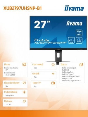 IIYAMA Monitor 27 cali XUB2797UHSNP-B1, 4K, IPS, DP, HDMI, USB-C, Pivot, HAS