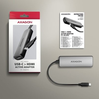 AXAGON RVC-HI8KPD Adapter aktywny USB-C -&gt; HDMI 8K/60Hz, Aluminum, PD100W, 16cm kabel
