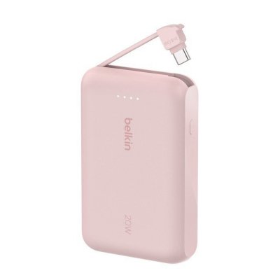 Belkin PowerBank BoostCharge 10k mAh 20w wbudowany kabel-C, port-C, różowy