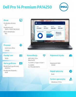 Dell Laptop Dell Pro 14 Premium PA14250 W11P Ultra 5 236V/16GB/512GB/14.0 FHD+ 400nit/Arc/FgrPr/Cams&Mic/WLAN+BT/BcklKb/3C/vPro/3YPS Magnesium