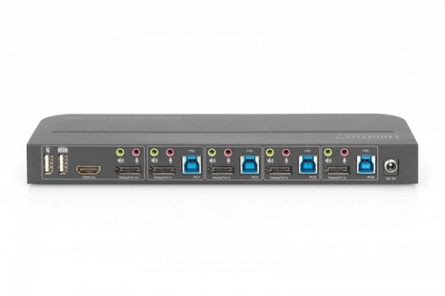 Digitus Przełącznik KVM, 4 portowy, 4K 60Hz, 4x DP IN, 1x DP OUT, 1x HDMI OUT, 2x USB A, 1x Audio IN&OUT