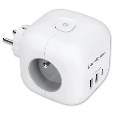 Qoltec Kostka zasilająca przedłużacz 6w1 z podświetlanym włącznikiem | 3x AC | 2x USB | 1x USB-C PD 20W | biała