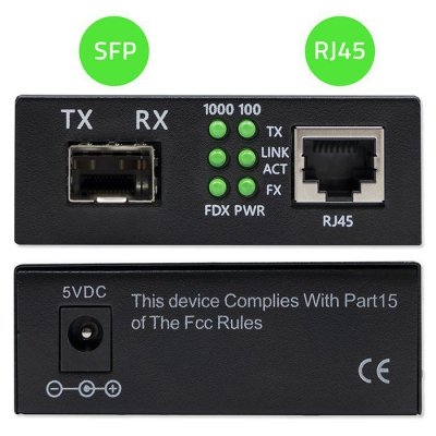 Qoltec Dwukierunkowy Media Konwerter SWITCH Ethernet 1x RJ45 1x SFP |   1000Mb/s | 5V