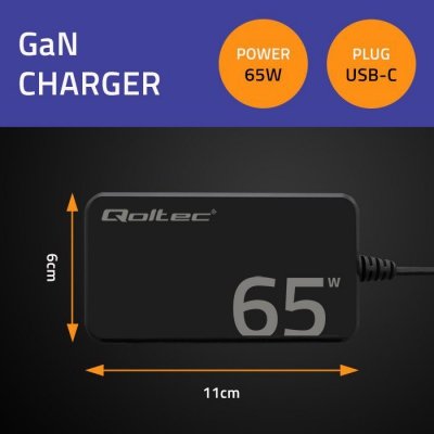 Qoltec Ładowarka sieciowa 65W GaN Super Fast SLIM | PD | 5-20V | 3.25A |USB-C 3.1 | Laptop | MacBook | Smartfon | +kabel