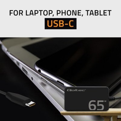 Qoltec Ładowarka sieciowa 65W GaN Super Fast SLIM | PD | 5-20V | 3.25A |USB-C 3.1 | Laptop | MacBook | Smartfon | +kabel