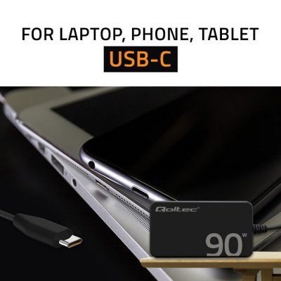 Qoltec Ładowarka sieciowa 90W GaN Fast SLIM | PD | 5-20V | 4.5A | USB-C 3.1 | Laptop | MacBook | Smartfon | +kabel