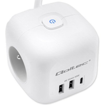 Qoltec Kostka zasilająca przedłużacz 6w1 z podświetlanym włącznikiem |  3x AC | 2x USB | 1x USB-C PD 20W | biała | kabel 2m