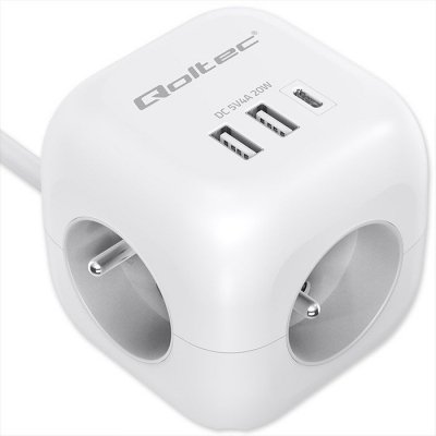 Qoltec Kostka zasilająca przedłużacz 6w1 z podświetlanym włącznikiem |  3x AC | 2x USB | 1x USB-C PD 20W | biała | kabel 2m
