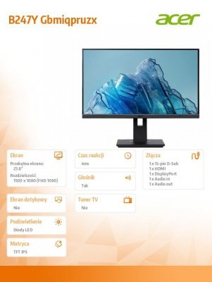 Acer Monitor 23.8 cala B247YGbmiprx IPS/120Hz/4ms/VGA/HDMI