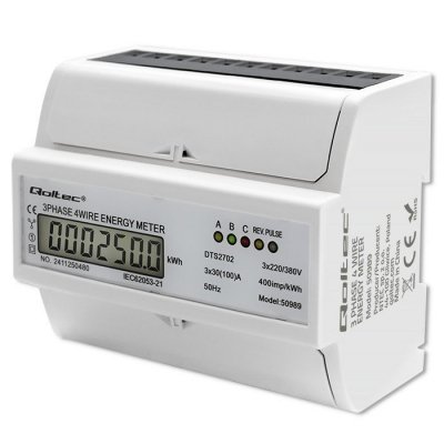 Qoltec Trójfazowy dwukierunkowy elektroniczny licznik | miernik zużycia energii na szynę DIN | 400V | 100A | LCD | 4P