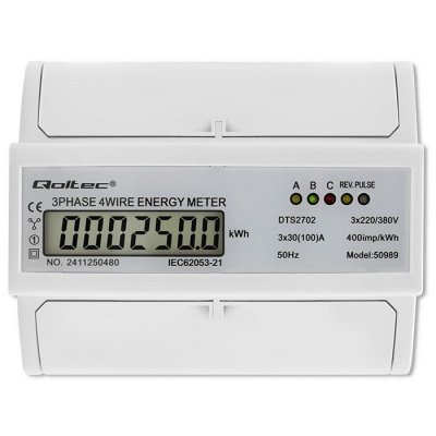 Qoltec Trójfazowy dwukierunkowy elektroniczny licznik | miernik zużycia energii na szynę DIN | 400V | 100A | LCD | 4P