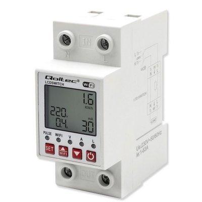 Qoltec Przekaźnik 63A na szynę DIN z licznikiem energii elektrycznej |  Timer | Tuya | Wi-Fi | LED                                                    ~
