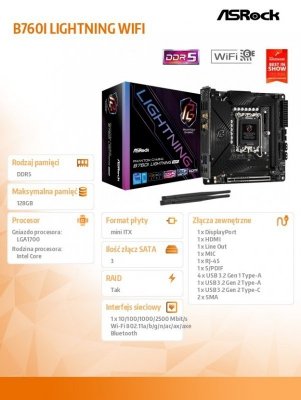 ASRock Płyta główna B760I LIGHTNING WIFI s1700  2DDR5 mITX DP/HDMI