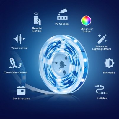 TP-LINK Taśma LED Smart Wi-Fi ze zmiennym kolorem                      SPEC: 2.4 GHz Wi-Fi, 802.11b/g/n, one 16.4 ft/5m RGB+IC LED light strip, 12V/112V/1.5