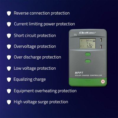 Qoltec Solarny regulator ładowania MPPT z czujnikiem temperatury 30A |  12V/24V | LCD | 2xUSB | Bluetooth | APP | GEL | LiFePO4