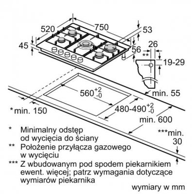 Bosch Płyta gazowa PCQ7A5I90 75 cm inox