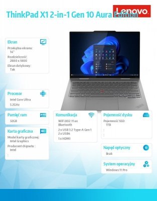 Lenovo Ultrabook Thinkpad X1 2-in-1 Gen10 21Q000A2PB W11Pro Ultra 7 255U/32GB/1TB/INT/14.0 2.8K/Touch/Grey/3YRS Premier Support + CO2 Offset