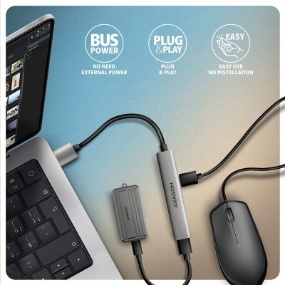 AXAGON HUE-STA HUB 4-portowy 1x USB-A 5Gbps, 2x USB2.0 + 1x USB-C 2.0, 12cm kabel USB-A