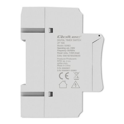 Qoltec Elektroniczny programator czasowy TIMER na szynę DIN z wbudowaną baterią | harmonogram 7 dni | 16 programów