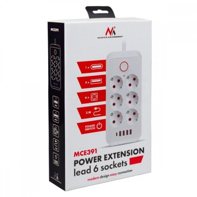 Maclean Listwa zasilająca MCE391 B 6 gniazd 4xUSB-A 1xUSB-C, 110-240V AC 50/60Hz, 2.1A max 2500W, czarna