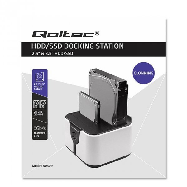 Qoltec Stacja dokująca do dysków HDD SSD 2.5 cali 3.5 cali | SATA III | USB 3.0 | Super speed 5Gb/s | z funkcją klonowania offline