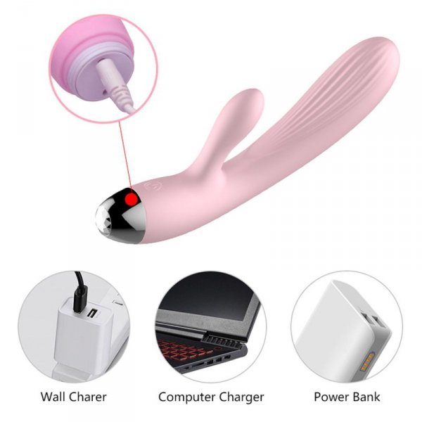 FOX Wibrator Króliczek -Silicone Vibrator Pink USB 10 Function / Heating