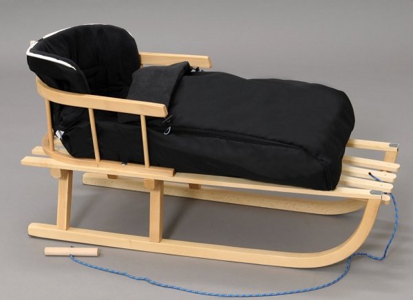 Holzschlitten mit Rückenlehne Winterfußsack 90cm Schwarz