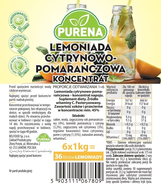 Lemoniada cytryna-pomarańcza koncentrat 3x1kg na 18l