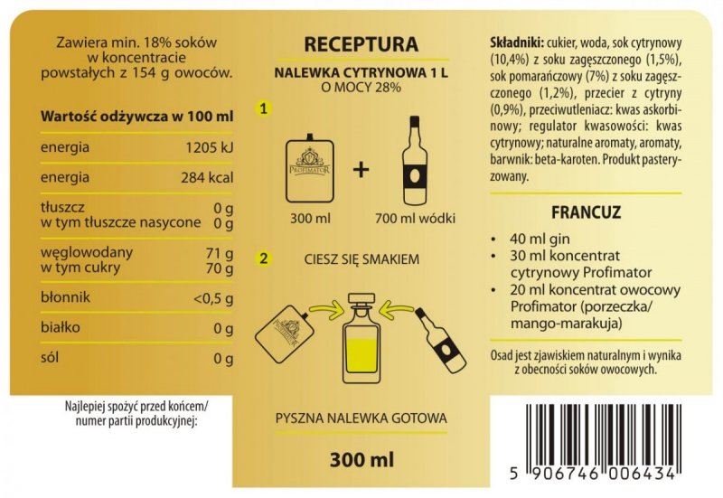 Bezalkoholowy koncentrat do przygotowywania napojów alkoholowych LIMONCE 300ml